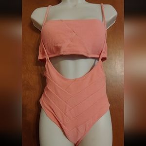 2 piece peach coral suspender bandeau high waist bikini sz M retro swimsuit